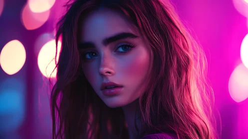 Neon bokeh portrait with high chroma skin rendering precision.