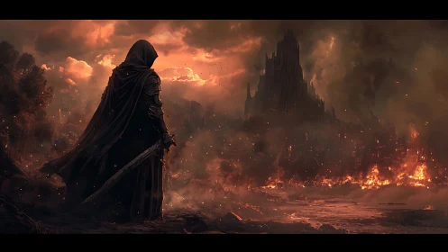 Hooded warrior surveys burning citadel under infernal sky.