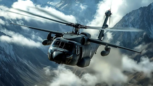 Military helicopter cuts through dense alpine cloud bank
