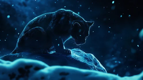 Dark cat perched on snowy rock in ethereal blue-lit environment.
