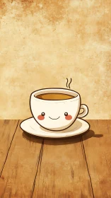 Smiling cup of coffee warms a rustic wooden morning mood.