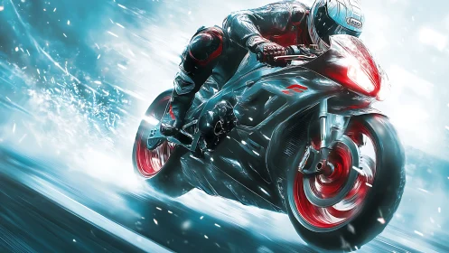 Futuristic superbike racer cutting through neon ice storm.