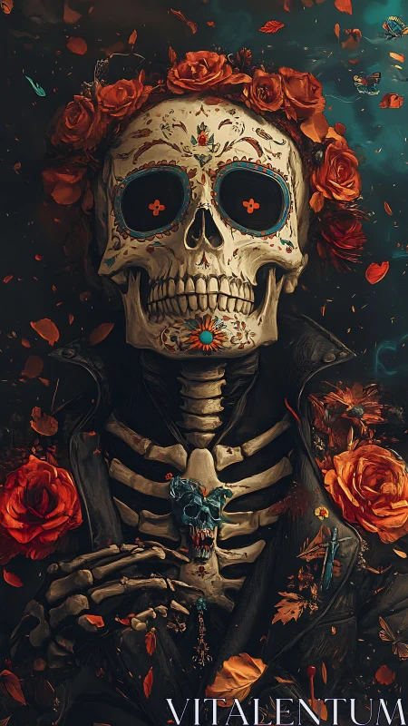 Digital painting of floral Dia de los Muertos skeleton portrait.