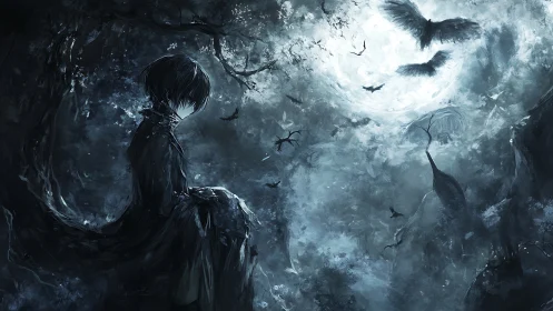 Solitary figure sits beneath full moon amid swirling crows