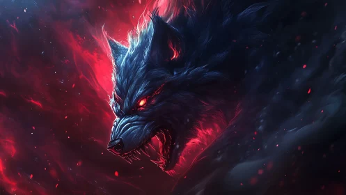 Starlit hellfire wolf erupts from crimson cosmic storm.