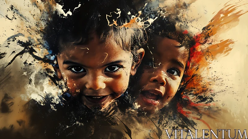 Children's Faces Dissolving Into Expressive Abstract Splatter.
