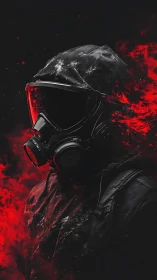 Figure in gas mask stands amid red particulate dispersion
