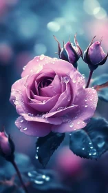 Purple rose with water droplets captured in soft focus light.