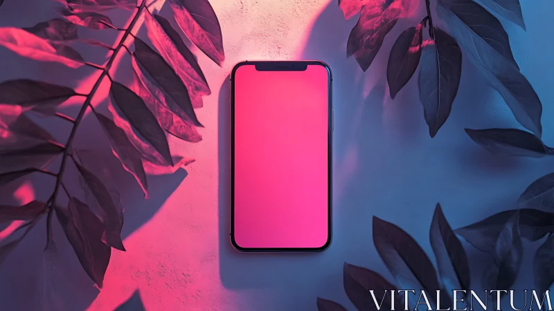 Luminous smartphone glows softly amid dreamy neon leaves