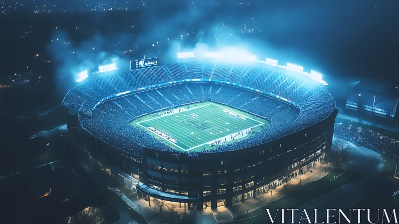 Night aerial view of illuminated football stadium under mist