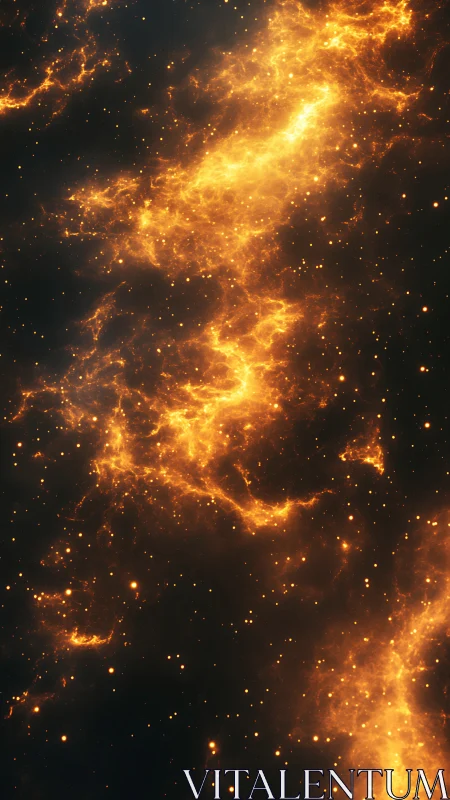Volumetric golden nebula strands glow within deep cosmic void