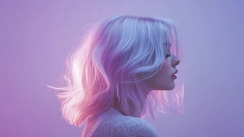 Profile portrait with pastel neon hair and soft glow.