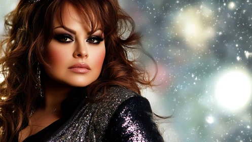 Glamorous portrait under glittering starry bokeh sky.