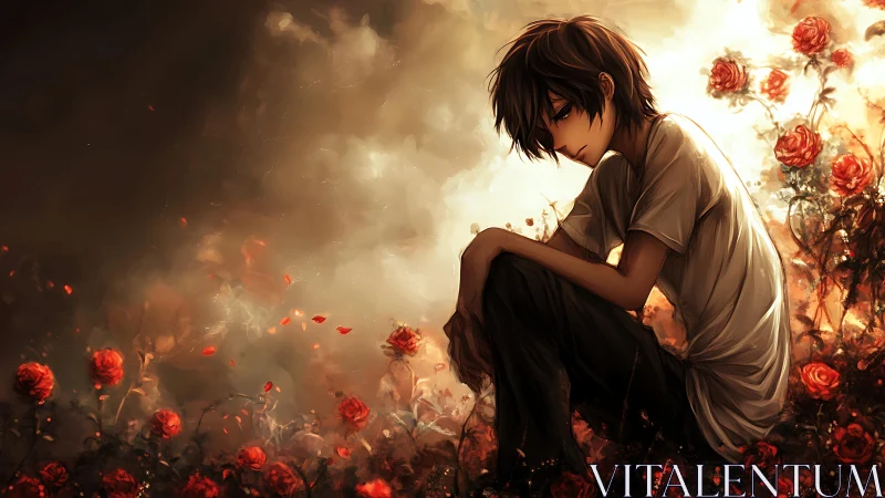 Melancholic youth in backlit rose field, high-contrast anime study.