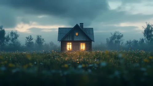 Isolated timber cottage with warm interior light at blue hour