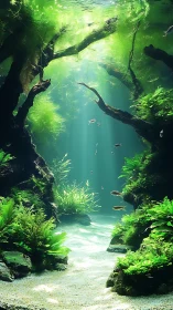 Submerged forest scene with fish and filtered sunlight.