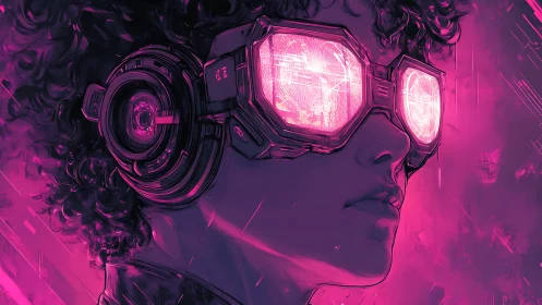 Neon cyber-visor portrait with volumetric magenta light fields.