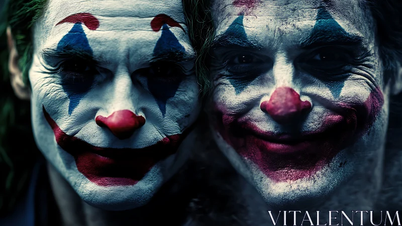 Dual close-up portrait of sinister clown faces.