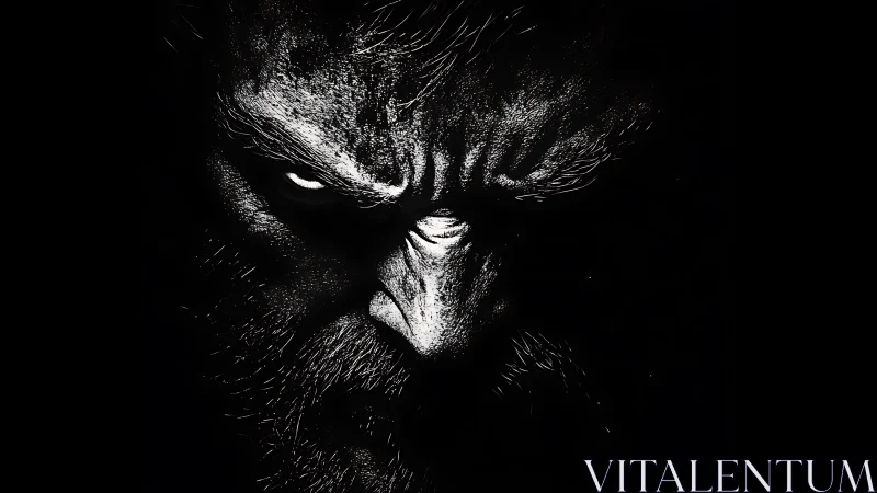 High-contrast monochrome portrait isolates an intense male glare