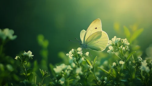 Backlit pale butterfly on dewy wildflowers in soft bokeh field