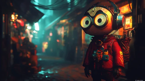 Wide eyed robot in neon alley wearing headphones and coat.