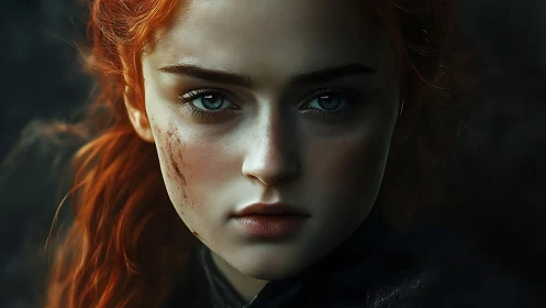 Red haired young woman with intense gaze in shadowed view.