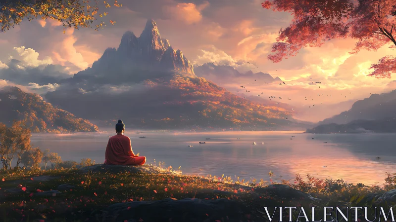Monk meditates beside tranquil lake at glowing sunset.