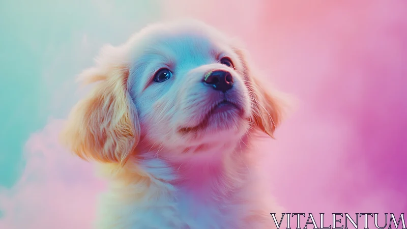 Golden puppy portrait uses neon gradients and soft focus