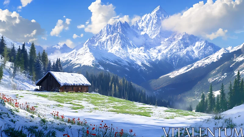 Alpine cabin overlooks sunlit snow valley and peaks.