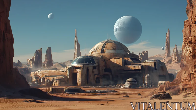 Desert exoplanet dome base with orbiting megastructure spheres