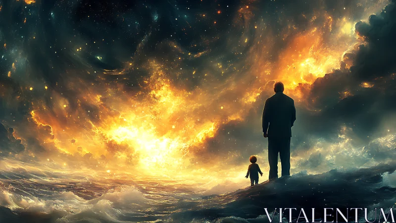 Man and child watching blazing cosmic storm over ocean.
