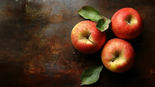 Rustic autumn apples resting on a warmly aged tabletop.