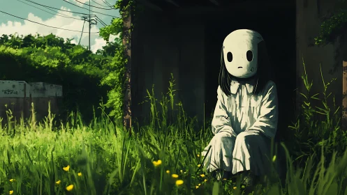 Masked child sits in overgrown doorway, bathed in uneasy light