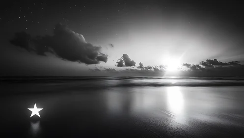 Monochrome seascape records horizon light source and star