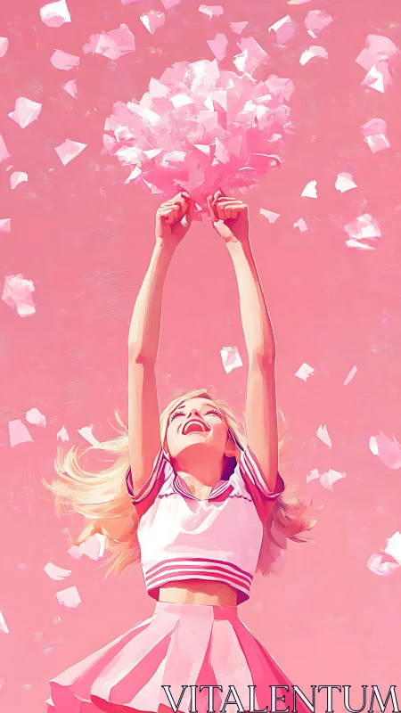 Cheerleader raises arms into falling pink confetti in joy