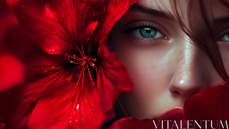 Crimson petals guard a storm-bright, hyperreal human gaze