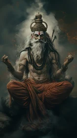 Mystical sage rests in meditation amid swirling sacred smoke