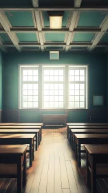 Empty wooden classroom interior with large window light.