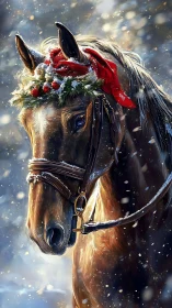 Digital painting of festive bridled horse in winter snowfall.