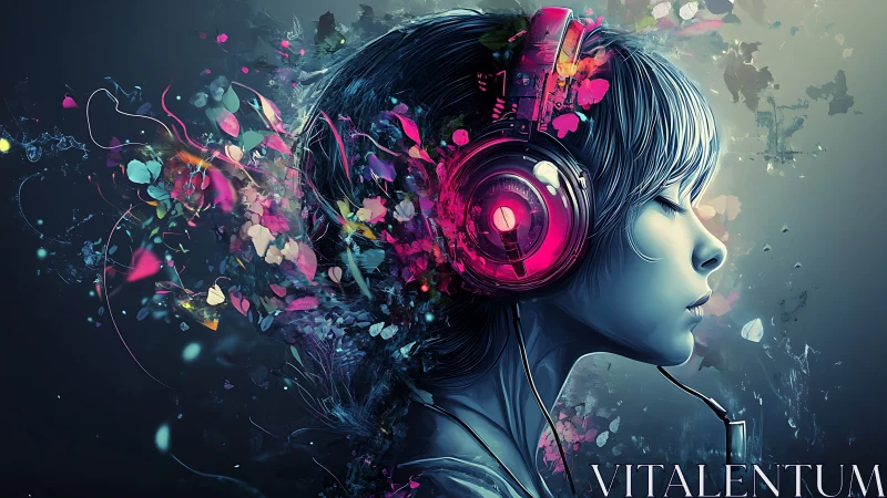 Girl with neon headset in abstract digital soundscape.