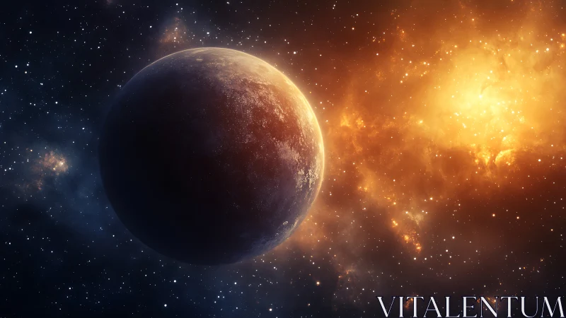 Distant shadowed planet beside blazing stellar nebula glow.