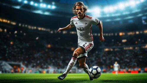 Dynamic football striker sprinting under stadium floodlights.