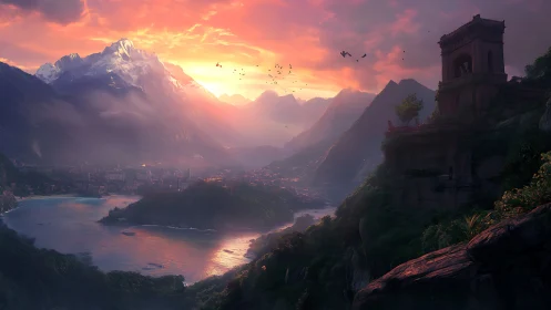 Sunlit mountain valley and tranquil lakeside ruins at dusk.