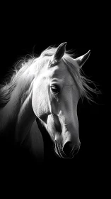 Monochrome horse head is rendered against uniform black background