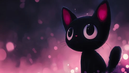 Black Cat with Luminous Pink Eyes in Bokeh Background
