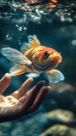 Golden koi gliding above an outstretched luminous hand.