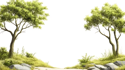 Peaceful Nature Scene with Two Trees and Rocks, Digital Art.