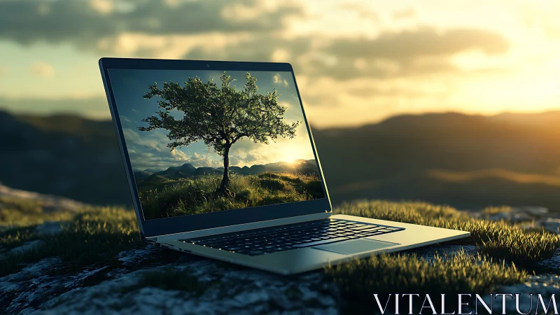 Laptop on rocky ground displays lone tree in sharp focus