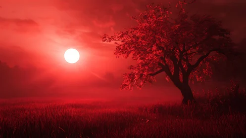 Crimson sunset engulfs lone tree over misted meadow.