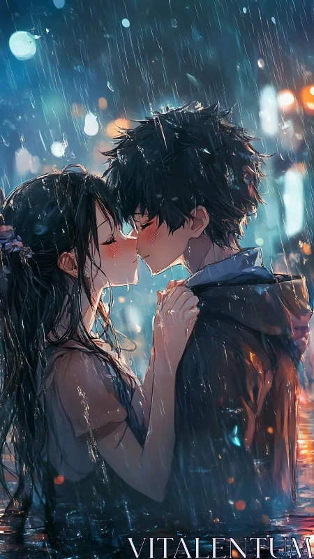 Rain-soaked first kiss under neon city twilight skies.